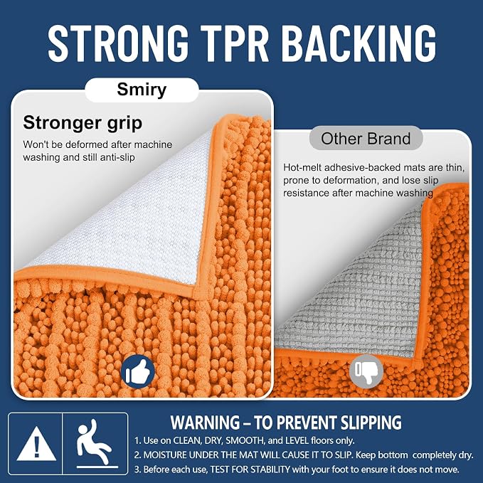 Smiry Bathroom Rugs 24X16, Extra Soft Rubber Backing Chenille Bath Mats | Orange Machine Washable Non Slip Quick Dry Bath Mats for Bathroom Floor, Tub, Shower, Home Decor Accessories