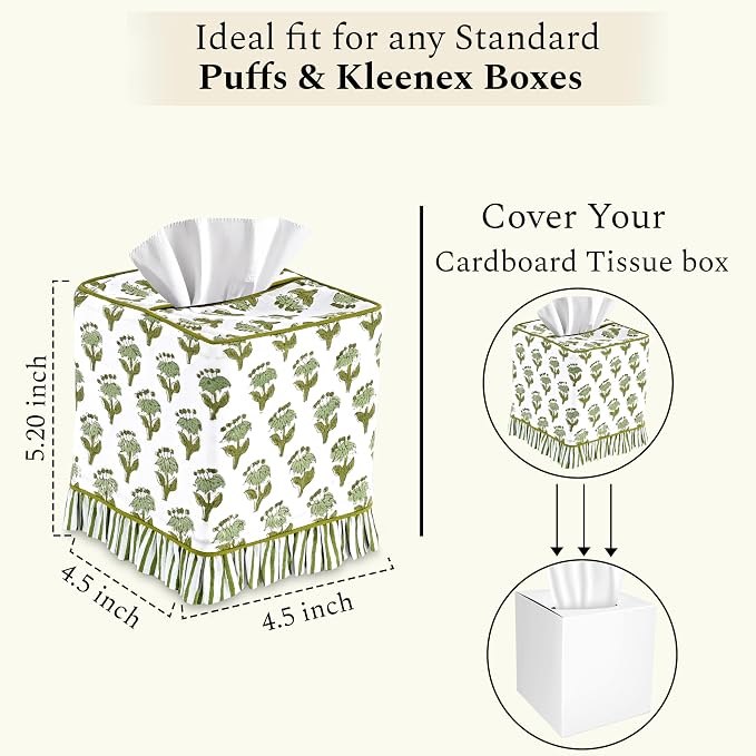 CPC Emerald Green Hand Block Print Cotton Ruffle Tissue Box Cover 4.5"x4.5"x5"Inch, Square Decorative Tissue Holder Cover for Bathroom, Living Room, Bedroom, Home Décor, Vanity, Car Gift for Summer