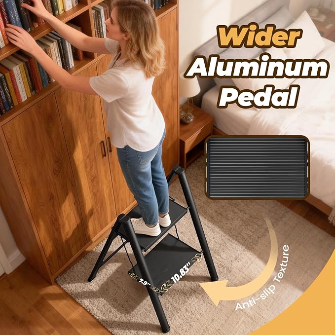 HBTower 2 Step Ladder, Lightweight Aluminum Folding Step Stool | Anti-Slip Wide Pedal, 330lbs Capacity Step Ladder for Household Kitchen Office, Black