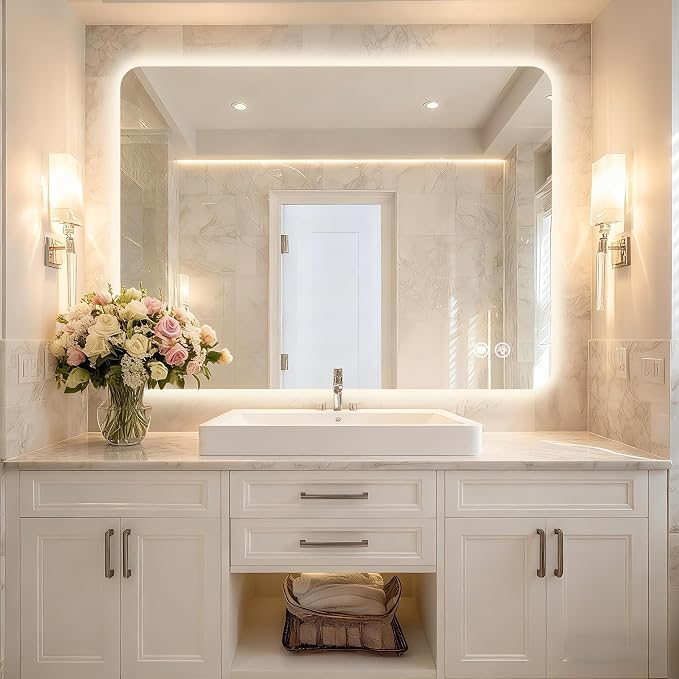48''x36'' Lighted Mirrors for Bathroom Wall Backlit Rectangular Rounded Corners, LED Bathroom Mirror Frameless with Lights Anti Fog, Dimmable, 3 Colors,Tempered Glass, Shatter-Proof (Color 2)