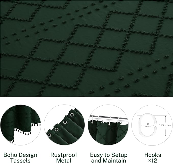 Siiluminisoy Extra Long Dark Green Boho Woven Fabric Cute 84 Inch Shower Curtain, 72 x 84 Tufted Chevron Textured Striped Modern Farmhouse Minimalist Cloth Shower Curtain for Bathroom