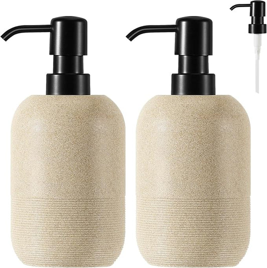 Luxspire Soap Dispenser Cylinder-Shaped Resin Soap Dispenser, Beige, 2pack | 450ml Premium sandstone resin, modern cylindrical design easy clean pump, 2 bottles, multi-purpose liquid storage