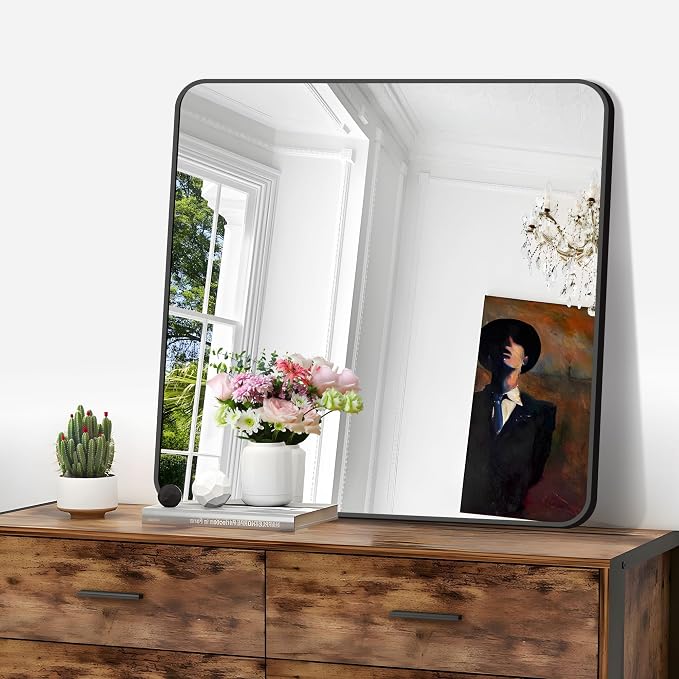 FORBATH Bathroom Mirror 30" x 30", Large Square Wall Mirror with Black Aluminum Frame Rounded Corner, Wall Mounted Mirror for Bathroom Bedroom Entryway Living Room