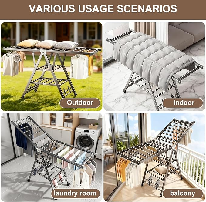Heavy Duty 3-Tier Clothes Drying Rack with Wheels, Large 5.9ft | Shoe Rack, Foldable Metal Laundry Stand, Portable Collapsible, Clothing Hanger, Indoor Outdoor Use in Laundry Room