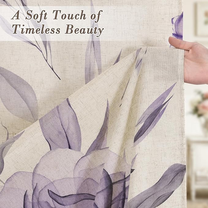 Litabel Farmhouse Purple Floral Linen Shower Curtain, Boho Vintage Spring Cotton Shower Curtains for Chic Elegant Bathroom Decor, Ink Painting Style Blossom Fabric Bath Curtain, 72 x 72