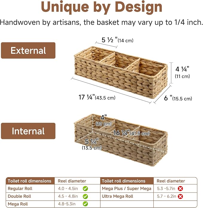 StorageWorks Toilet Paper Basket, Large Toilet Tank Basket, Water Hyacinth | Wicker Basket, Toilet Paper Storage for Back of Toilet Tank, Woven Baskets for Shelves, Wicker Baskets with 3 Compartments