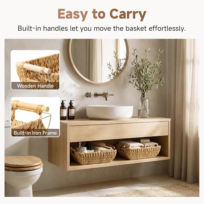 StorageWorks Hand-Woven Storage Baskets with Wooden Handles, Water Hyacinth Wicker Baskets for Organizing, 2 Pack | Wicker Storage Baskets For Shelves, Baskets With Wooden Handles, 2-Pack Gifts Basket For Home Decor, Hand-Woven Basket