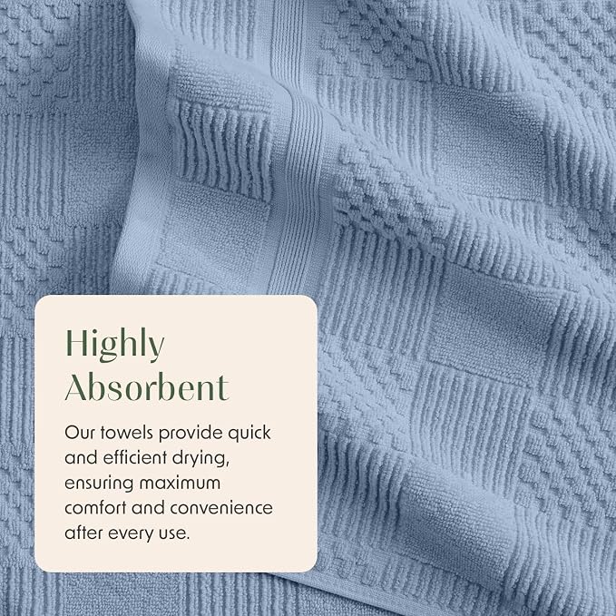 100% Cotton Bath Towel Set | 4-Pack | Textured | Blue | Luxury Geometric Design | Absorbent & Quick-Dry Bathroom Towels | Textured and Durable Cotton Towels for Bathroom | OEKO-TEX