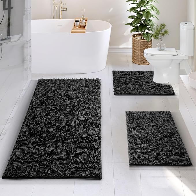 Hearth & Harbor Bathroom Rugs, Chenille Bath Mat - Machine Washable Bath Mats for Bathroom Non-Slip Backing Rubber, Quick Dry Mat - Black Bath Rug, 17x24-26x44-20x24