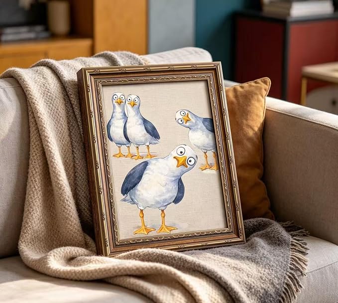 Vintage Gold Framed Funny Seagull Wall Art, Watercolor Cartoon Bird Canvas Print, Whimsical Coastal Wall Decor, Retro Style Funny Bird Poster Artwork,for Bathroom Bedroom Living Room,12x16in