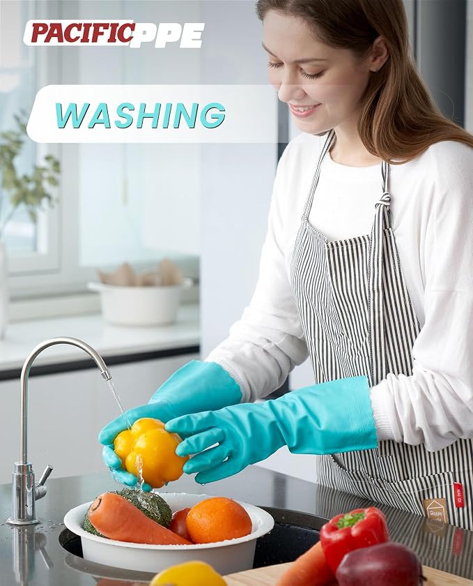 2 Pairs Dishwashing Gloves, Cotton Flocked Liner, Green, Large | Waterproof dishwashing gloves with non-slip grip, Latex-Free, flexible fit for kitchen, bathroom, laundry & cleaning
