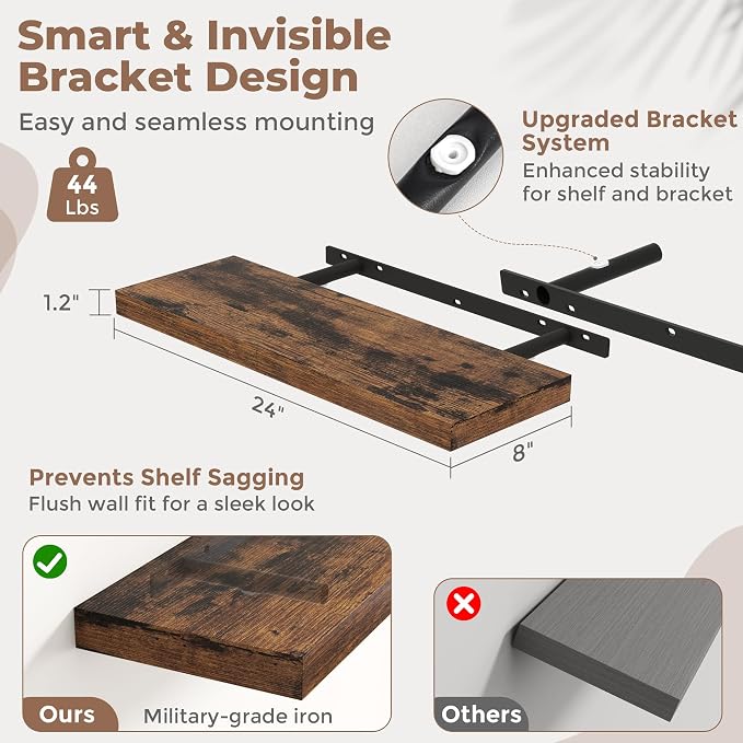 24 Inch Floating Shelves for Wall 2 Pack, 8"D Wood Grain Bathroom Shelves | Invisible Brackets, Rustic Brown Finish, Easy Install | Engineered Wood Storage Shelves for Kitchen, Living Room