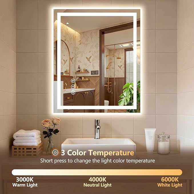 24"x 30" LED Bathroom Mirror with Light Over Sink, for Bathroom Wall | 3 Color, Anti-Fog, Backlit ＆ Frontlit, Stepless Dimmable,Memory, Shatter-Proof, Vertical ＆ Horizontal, Frameless