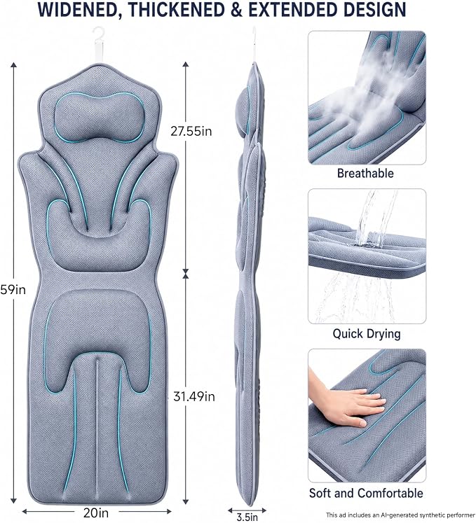 59'' Full Body Bath Pillow for Bathtub 6D Air Mesh 144 Suction Cups | Bath Pillow Luxury Bathtub Pillow 3.7'' Head, Neck and Back Support Bath Tub Pillow Extra-Large 59 x 20 Inch Size
