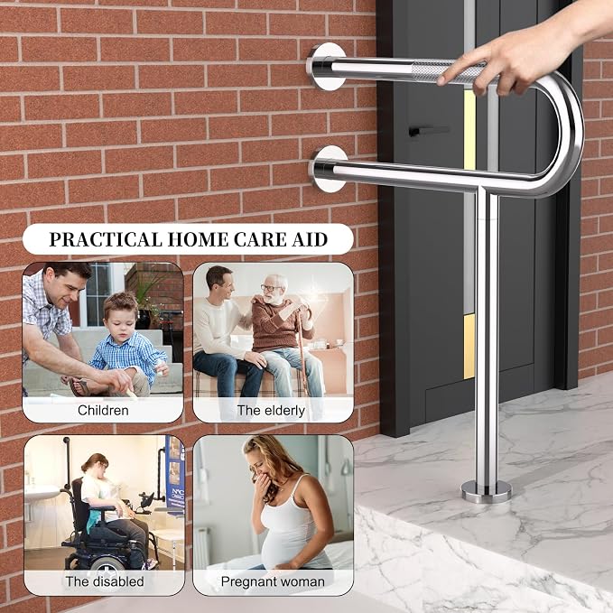 Toilet Support Rail 24x28 Inch, Munzong Anti-Slip Chrome Handicap Grab Bar | Stainless Steel Knurled Safety handrails with Leg for Bathroom Elderly Disabled Pregnant-1.25’Tube
