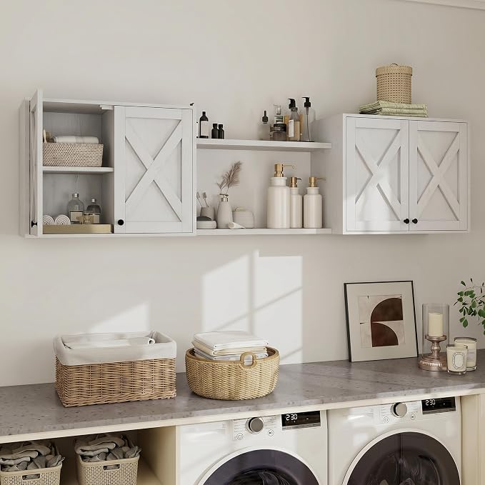 YOURLITE Laundry Cabinet, Medicine Cabinet, Bathroom Kitchen Storage Wall Mounted Farmhouse Organizer with Shelves Over Toilet, One Set of 2 Pieces X 24", White