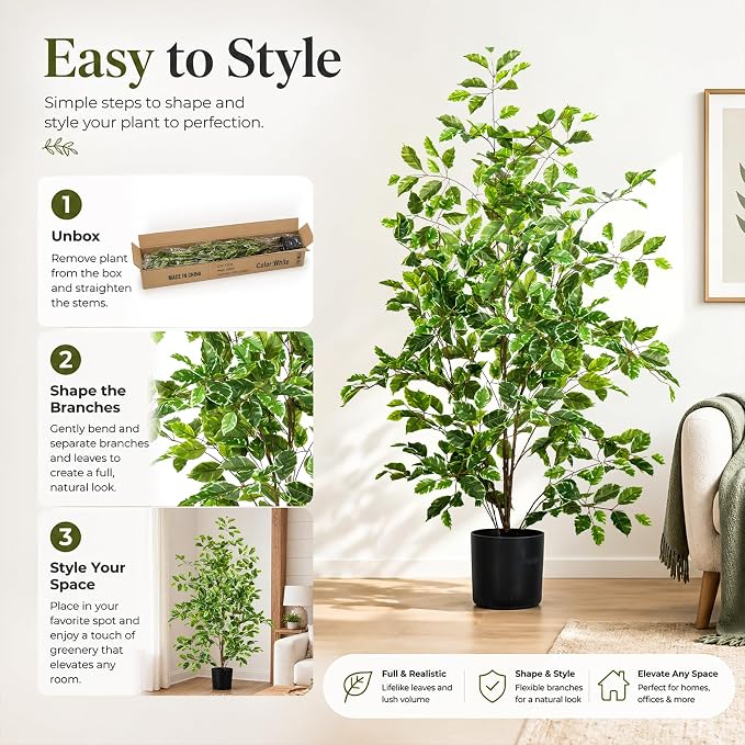 Bailikang Artificial Ficus Tree Indoor 4ft, Large Potted Faux Tree with Realistic Silk Leaves & Trunk for Home Office, Living Room Corner Decor
