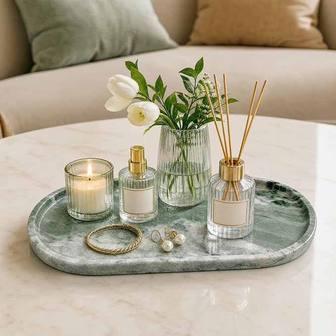 Natural Marble Tray, 12.6"x6.3" Bathroom Vanity Tray for Home Decor | Jewelry Holder Dish, Kitchen Counter Accessories for Perfume Candles Soap, Smooth and Easy to Clean, Large Catchall Tray