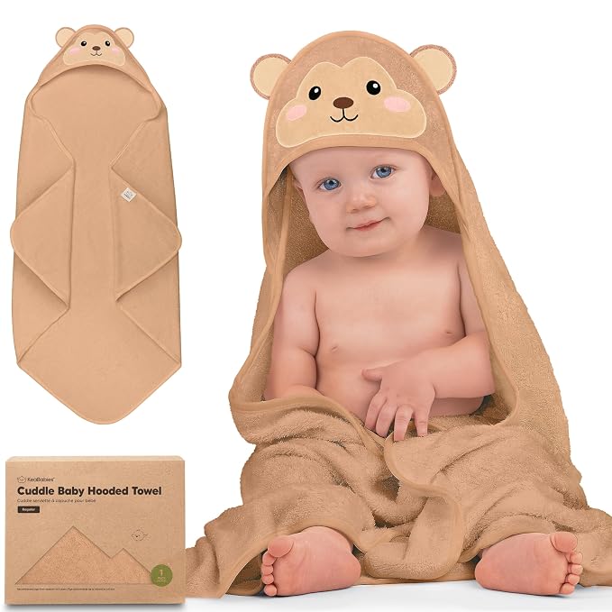 KeaBabies Hooded Baby Towel for Newborn, Baby Bath Towels (Monkey, 35x35) | Viscose Derived from Bamboo, Large Baby Towels with Hood, Boys, Girls, Toddler, Soft Absorbent Baby Bath Essentials