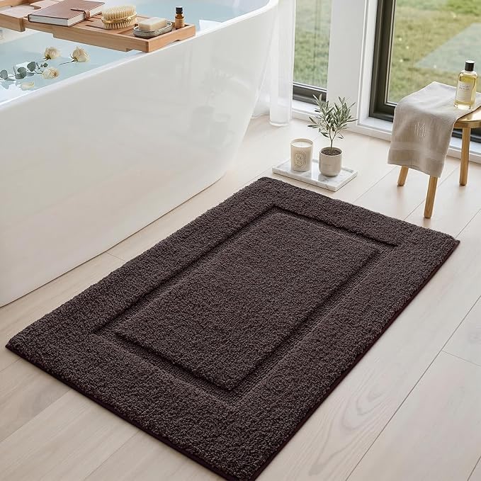 DEXI Bath Mat 24x16, Absorbent and Non Slip Bathroom Rugs, Brown | Soft Plush Microfiber Bathmat, Machine Washable & Quick Dry, Rubber Back Small Rug for Shower, Tub, Sink