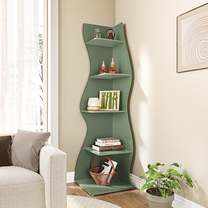 LITTLE TREE Small Corner Shelf, Modern 5-Tier Wall Wavy Corner Bookshelf | Stylish Bookcase Storage Rack for Small Space, Living Room, Bedroom, Green