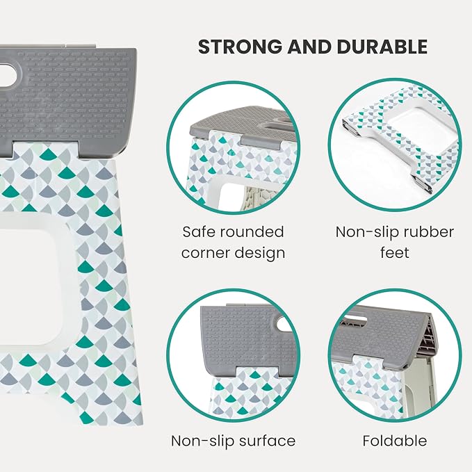 Vigar Compact Folding Step Stool for Adults 10-1/2 Inch Geometric | Foldable, Lightweight Portable Design, Carry Handle, Non Slip Surface, Space-Saving Body, Supports up to 330 lb