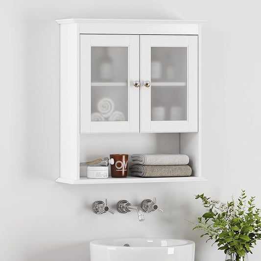 Spirich Bathroom Wall Cabinet with Glass Doors, White Medicine Cabinet | FSC-Certified MDF, Adjustable Shelf, Open Bottom Shelf, Wall Mount Storage for Bath, Kitchen, Laundry Room or Entryway