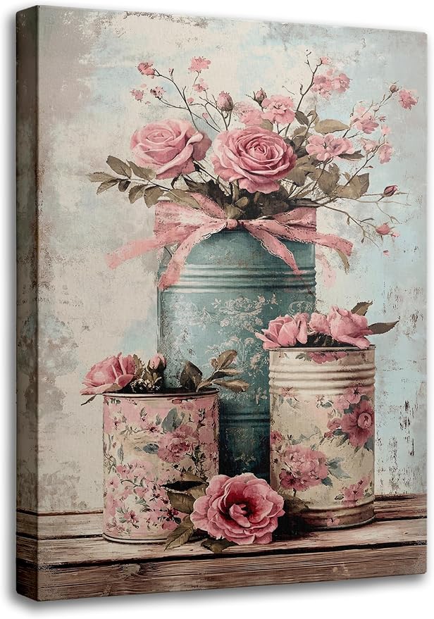 Vintage Pink Rose Flower Canvas Wall Art,Shabby Chic Canvas Print, Farmhouse Bathroom Wall Decor,Retro Blue Pink Flower Rustic Can Vase Painting,for Living Room Bedroom Home Office 16 X 24 In