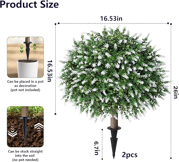 26'' Artificial Topiary Boxwood Ball Trees with Lavender 2 Pack Fake Plants for Outdoor Indoor Artificial Shrubs with Ground Spike UV Resistant Fake Bushes for Front Porch Garden (White)
