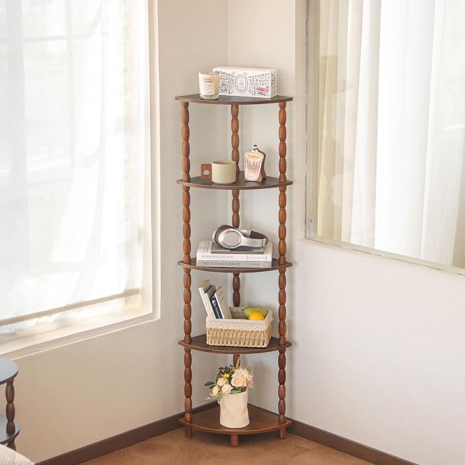 MaxSmeo Corner Shelf, 5-Tier Corner Bookshelf for Small Spaces, Stylish Corner Storage Display Shelves for Bedroom, Bathroom, Kitchen, Living Room (Rustic Brown)