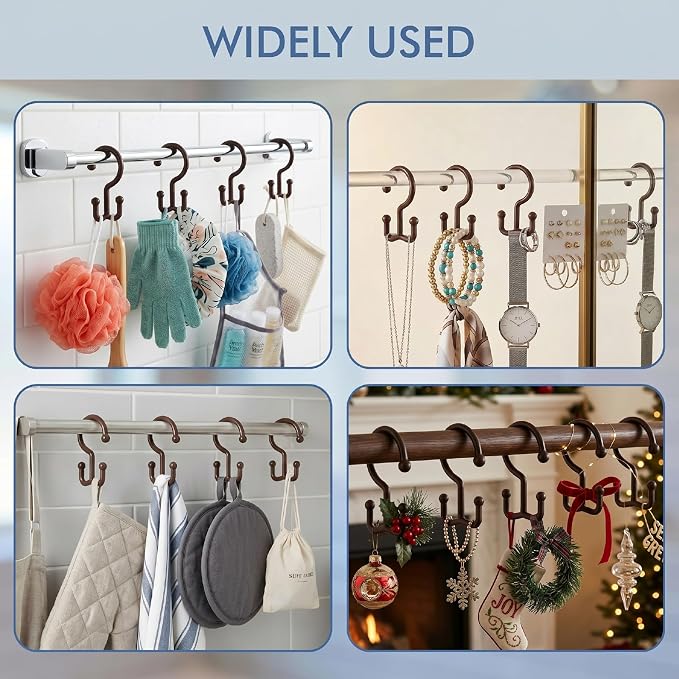 Bathway Brown Shower Curtain Hooks, 12 Plastic Double Shower Curtain Rings | Hang Both Shower Curtain & Liner, Waterproof, Rust-proof, Sturdy, Durable, Flexible, Multifunctional, Universal, Easy to Use