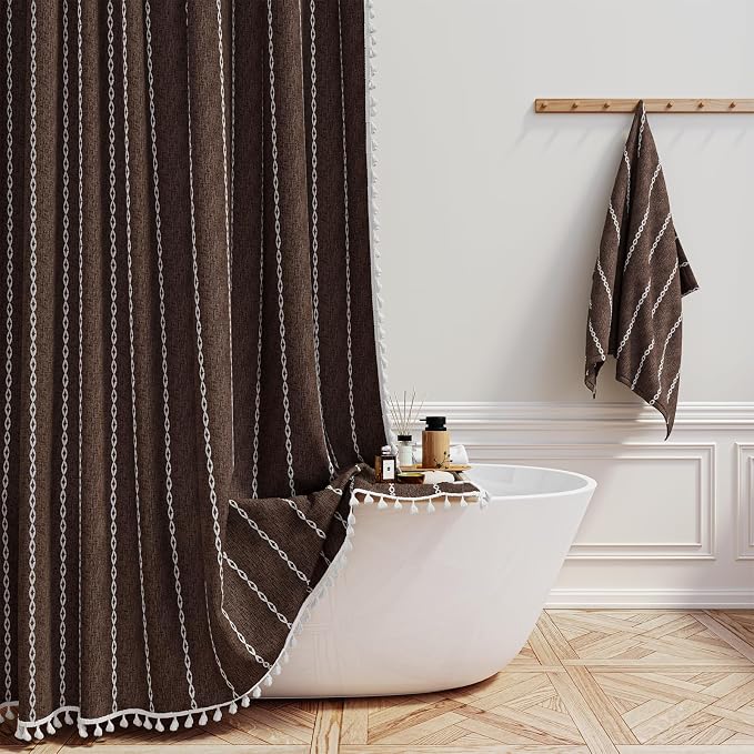 72x96 Extra Long Boho Linen Heavy Duty Cloth Shower Curtain Set, Brown | Extra Tall Size, 330GSM Linen Blend, Water Repellent, Vintage Striped Fabric, 12 Hooks, Rustic Country, Machine Washable