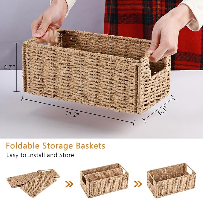Wicker Storage Basket, Set of 2 Hand-Woven Paper Rope Wicker Basket, Small Storage Baskets for Organizing Toilet Paper Basket, Foldable Large Cube Storage Organizer Bins for Shelves (Natural)