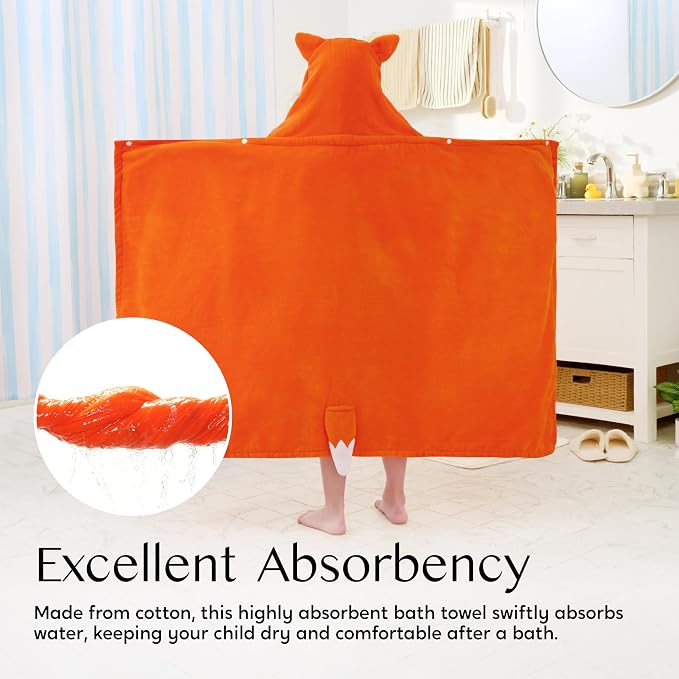 Joiedomi Hooded Towel for Kids Soft 100% Cotton Bath Beach Towel 30" x 50" for Kids 3-8 Years Toddler Pool Poncho with Hood Absorbent Swim Wrap for Boys Girls Orange Fox