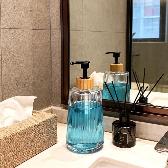 Glass Soap Dispenser, Thickened Glass Hand Soap Dispenser for Bathroom, Kitchen Dish Washing Liquid Bottles, Shampoo and Conditioner Bottles, Modern Farmhouse Style (Clear, Set of 2, 12oz)