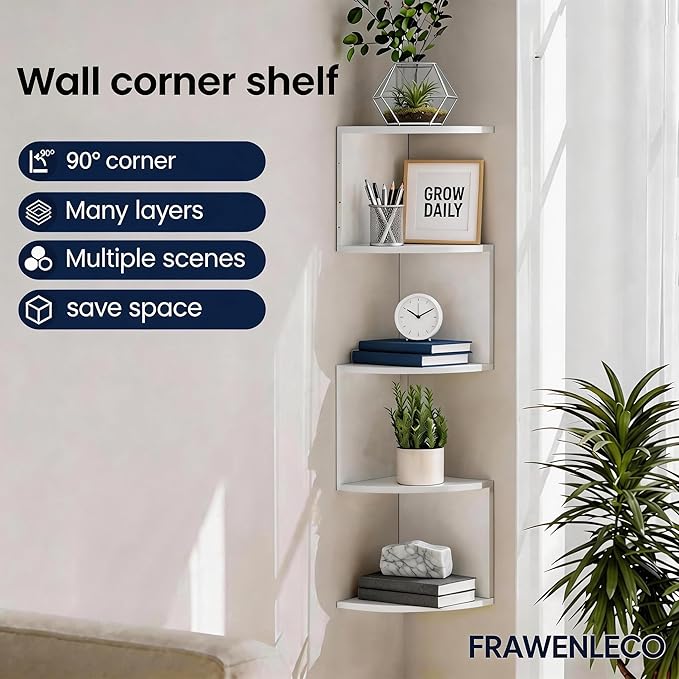 5-Tier Corner Shelf Wall Mount, Screw-Mounted Floating Bookshelf with Enhanced Support, Space-Saving Zigzag Shelf for Bedroom, Living Room, Office, Garage – (White)
