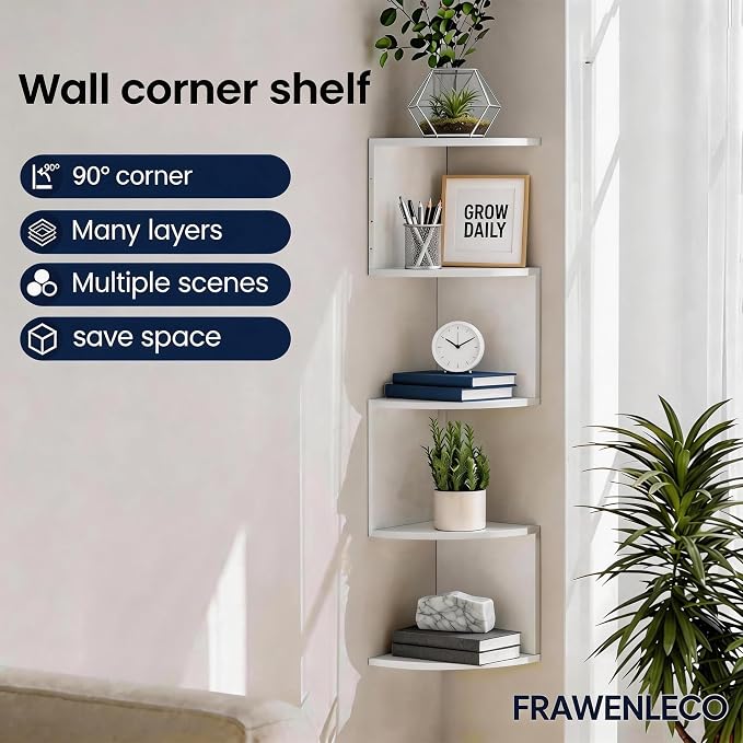 No-Drill Modern Corner Shelf Wall Mount, 5-Tier Floating Storage Rack, Corner Bookshelf with Hooks, Space-Saving Zigzag Plant Shelf for Bedroom, Living Room, Bathroom, Home Office(White)