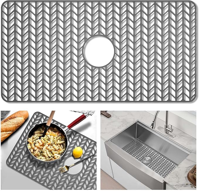 GUUKIN Sink Protectors for Kitchen Mat - 29.7“x15.5” Silicone Kitchen Sink Mat Grid for Bottom of Farmhouse Stainless Steel Porcelain with Center Drain（Grey）