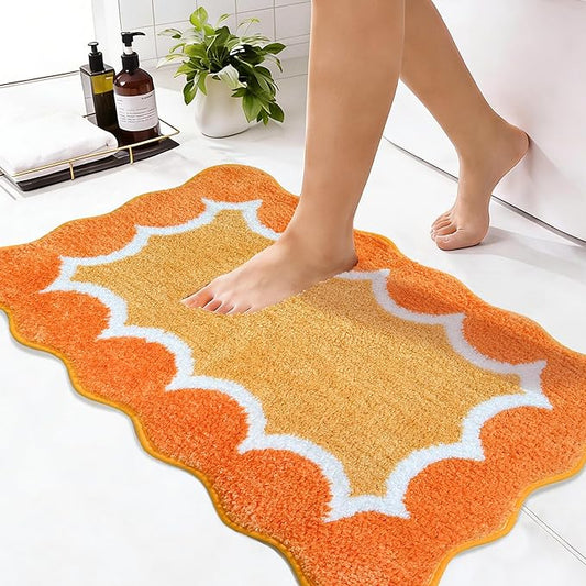 Scalloped Orange Bathroom Rugs Mat,Non Slip Absorbent Quick Dry Bath Mats for Shower Room,Plush Microfiber Bath Rug for Bathroom Floor Washable Carpet for Shower Tub Sink Bedroom,20"x32"