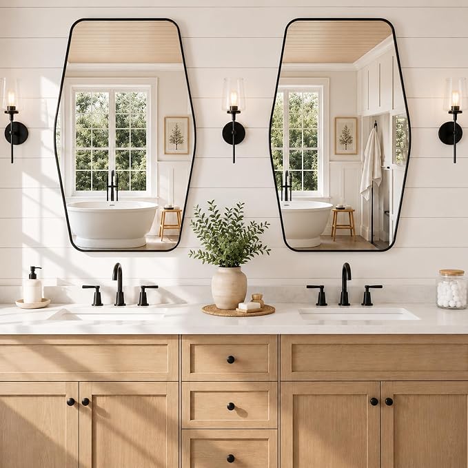 Matte Black Tapered Rectangle Bathroom Mirror, 24x36 Inch | Aluminum alloy frame, tempered glass, two-way keyhole mount, for bedroom, hallway, console