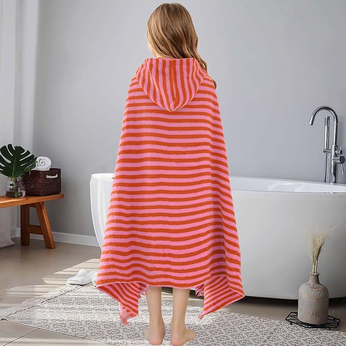 VOOVA & MOVAS Big Kids Hooded Bath Towel, 8+, 100% Cotton, Thick, Red Pink | Horizontal Stripe Design, Soft, Absorbent & Quick Dry, Perfect for Bath, Pool, Swim and Beach