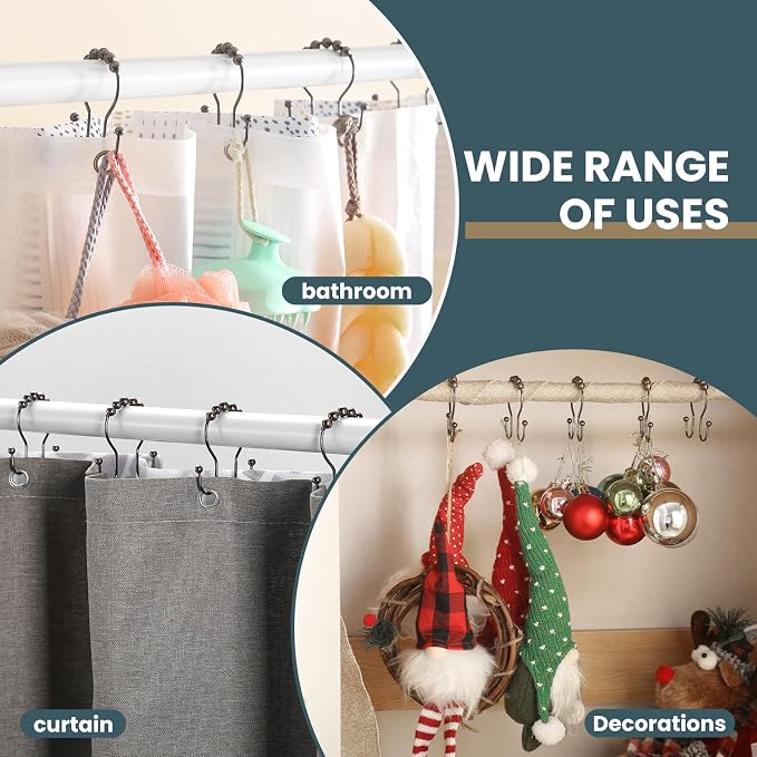 Shower Curtain Hooks, OEH Shower Curtain Rings, Bronze Shower Curtain Hooks Rust Proof, Smooth Gliding Metal Shower Curtain Rings Rust Proof, Double Shower Hooks for Shower Curtain, 12 Pcs, Bronze
