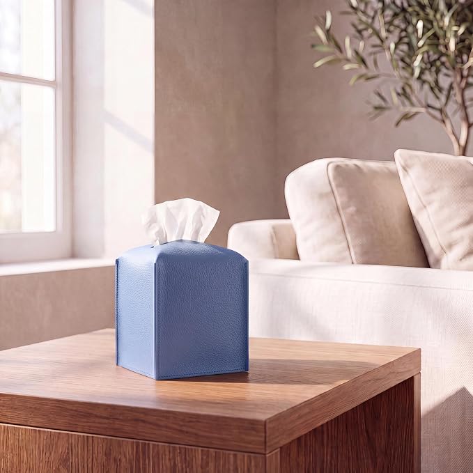Premium PU Leather Tissue Box Holder - Elegant Hotel-Style Tissue Box Cover for Home, Office & Car Décor, Tissues Cube Organizer for a Natural & Classic Look (Sky Blue)