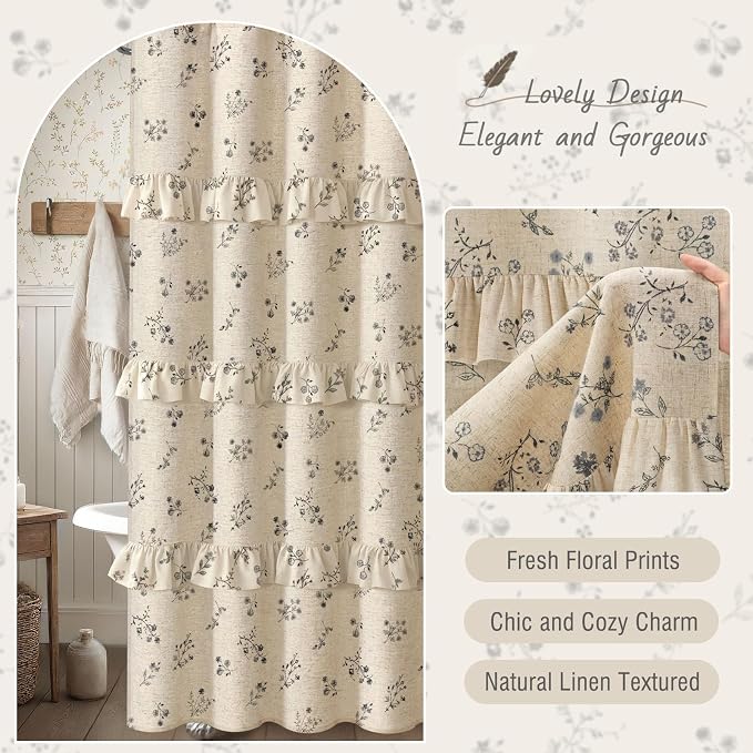 Black Floral Vintage Linen Shower Curtain, French Country Ruffle Shower Curtains for Bathroom, 72Wx72H