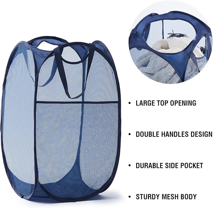 TECHMILLY Upgraded 105L Collapsible Mesh Pop Up Laundry Hamper with Sturdy Handles and Side Pocket - Portable Foldable Clothes Baskets for Dorm, Bathroom & Travel Storage (Blue Plus)