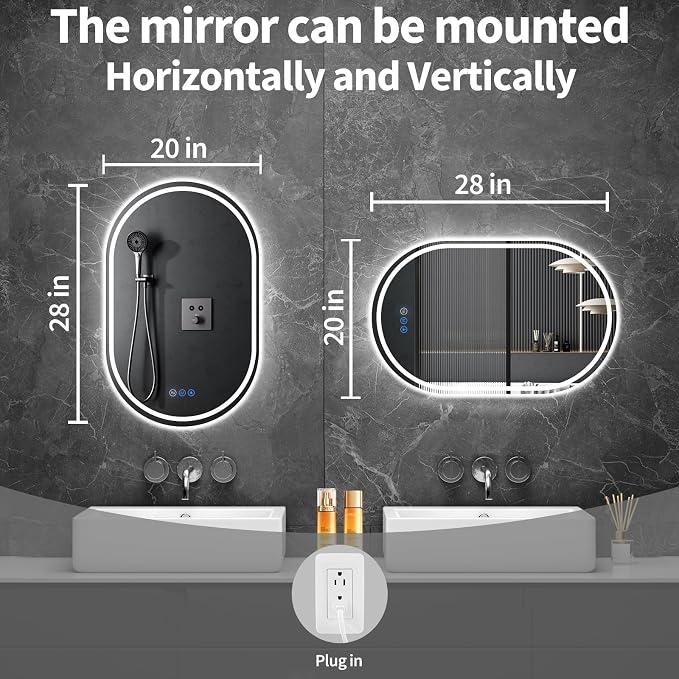 Oval LED Bathroom Mirror, 20"x 28" Frameless Lighted Mirror | LED Mirror with Front Light & Backlit, Anti-Fog, Dimmable Wall Mounted Lighted Mirror, Pill-Shaped Smart Bathroom Mirror