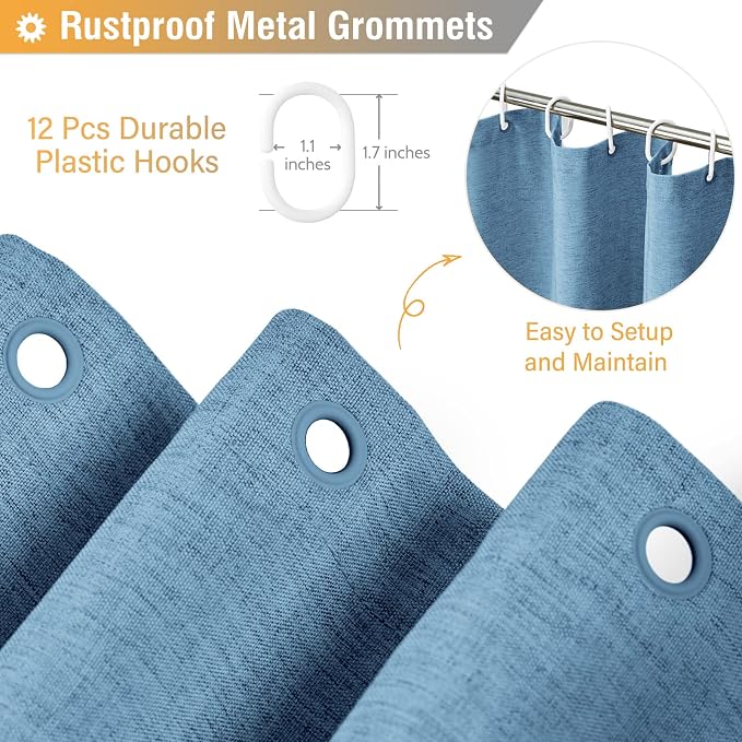 Moonlight Blue Linen Textured Waterproof Fabric Shower Curtain, 72x72 | 230GSM Polyester, Heavy Duty Cloth, Weighted Hem, 12 Plastic Hooks, Modern Hotel Style, Machine Washable, Bathroom Decor