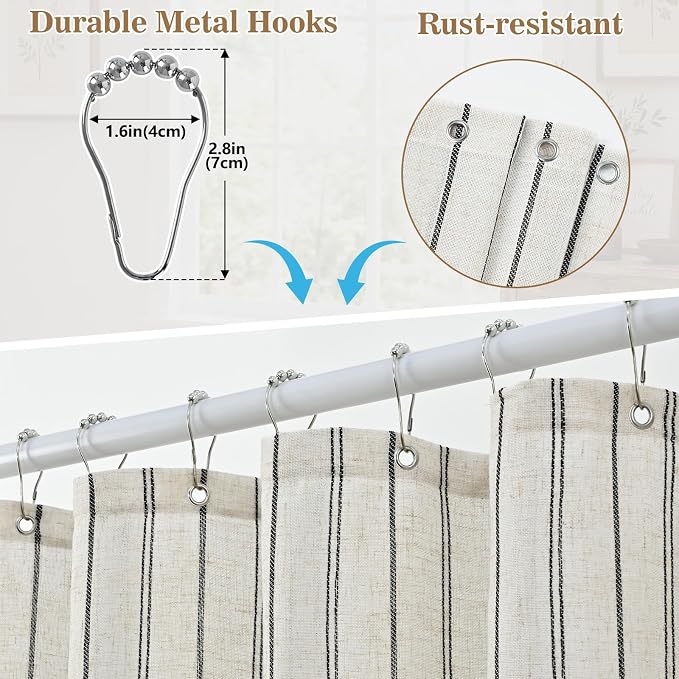 Yinhua Farmhouse Linen Shower Curtain with Ruffle, Black Striped Waterproof Shower Curtains for Bathroom, Country Vintage Bath Curtain with 12 Metal Hooks, Weighted Washable Fabric, 72" W x 84" L