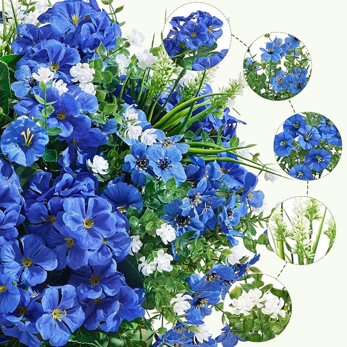 16 Bundles UV Resistant Silk Artificial Outdoor Flowers for Window Box | Mixed Color Realistic Anti-Fade Faux Flowers for Outside Planters,Garden,Porch,Patio,Yard,Home Decor(Blue)