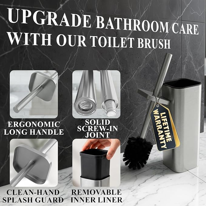 Stainless Steel Toilet Brush and Holder Set, Rounded Square (Silver) | Toilet Bowl Brush and Holder, Removable Inner Bowl, Dense Bristles, Long Handle, Hand Guard, Scratch Resistant, for Bathrooms
